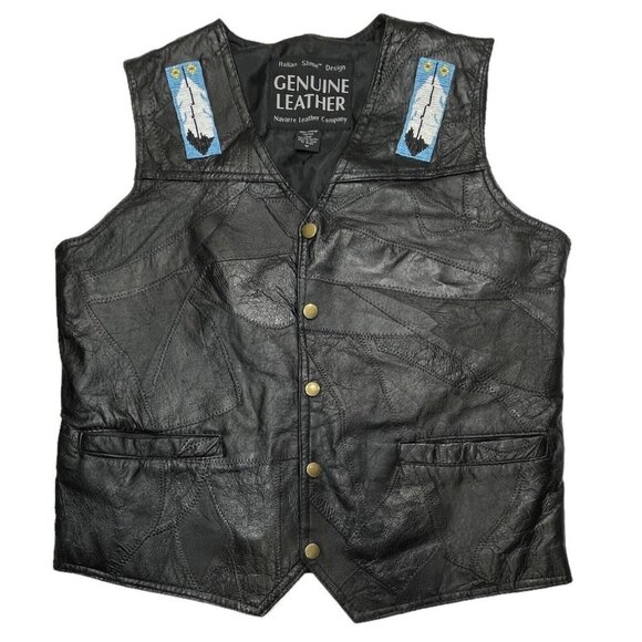 NAVARRE Italian Stone Design Men's Black Leather Vest Medium Beadwork Bikers EUC - Picture 1 of 13